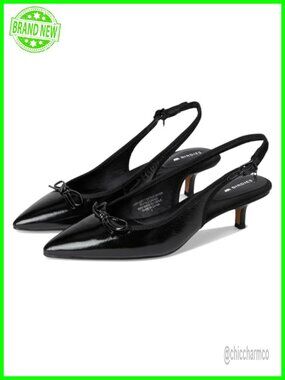 Leather Kitten Heel Pumps with Bow Detail and Slingback Strap